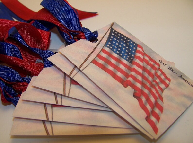 4th of July Memorial day Independence day Patriotic American Flag Americana Tags God Bless America Tags Set of 6 or 9 image 1