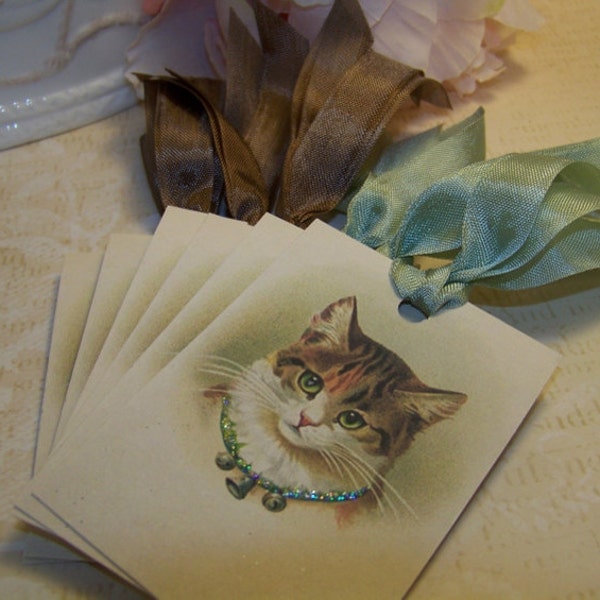 Kitty Tags Cat Tags Vintage Style Birthday Party Favors Handmade All Occasion Gift Tags Childrens Gift Tags Set of 6 or 9