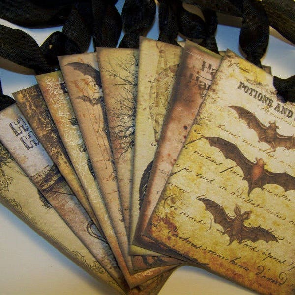 Halloween Tags Bats Witches Black Cats Crows Gift Tags Favors Halloween Decoration Vintage Style Set of 9