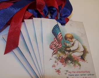 Patriotic Americana 4th of July Memorial Day Tags Junk Journal Supplies Journaling Supplies Patriotic Favotrs - Set of 6 or 9