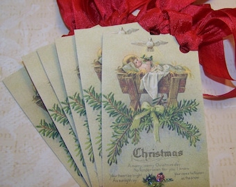 Christmas Tags Handmade Vintage Style Religious Christmas Baby Jesus Tags Set of 6 or 9