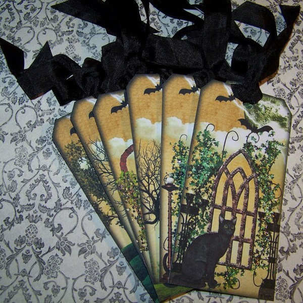 Halloween Tags Halloween Black Cat Tags Party Favors Vintage Style - Set of 6