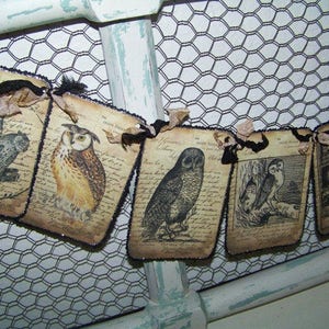 May include: A decorative banner featuring vintage-style owl illustrations on aged paper. The banner has a black trim and is adorned with black and tan ribbons. The owls are depicted in various poses and styles, adding a whimsical touch.