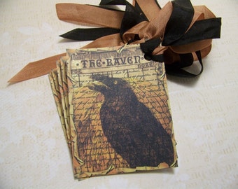 Halloween Tags The Raven Edgar Allan Poe Gothic Vintage Style Junk Journal Supplies Journaling Cards Set of 6 or 9