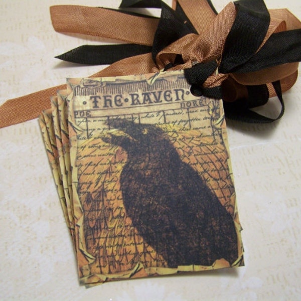 Halloween Tags The Raven Edgar Allan Poe Gothic Vintage Style Junk Journal Supplies Journaling Cards Set of 6 or 9