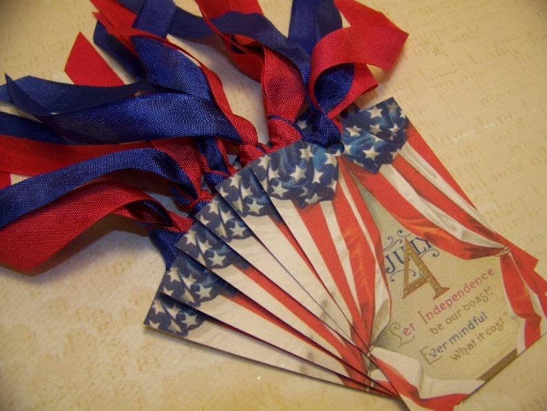 4th of July Vintage Style Patriotic Tags Junk Journal Supplies Journaling Cards Patriotic Ornament Set of 6 or 9 image 1