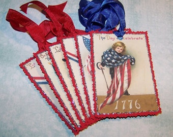 4th of July Fourth of July Americana Patriotic Red White and Blue Tags Vintage Style - Set of 6