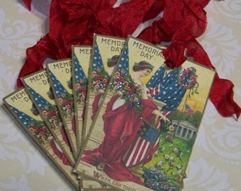 Memorial Day Tags Vintage Style Patriotic Tags Journaling Cards Junk Journal Supplies Set of 6 or 9