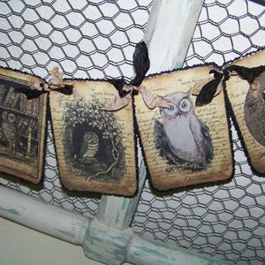 May include: A banner featuring vintage-style owl illustrations on aged paper. Each banner piece is adorned with black ribbon and a decorative edge. The owl images vary, showcasing different poses and settings, creating a rustic, whimsical aesthetic.