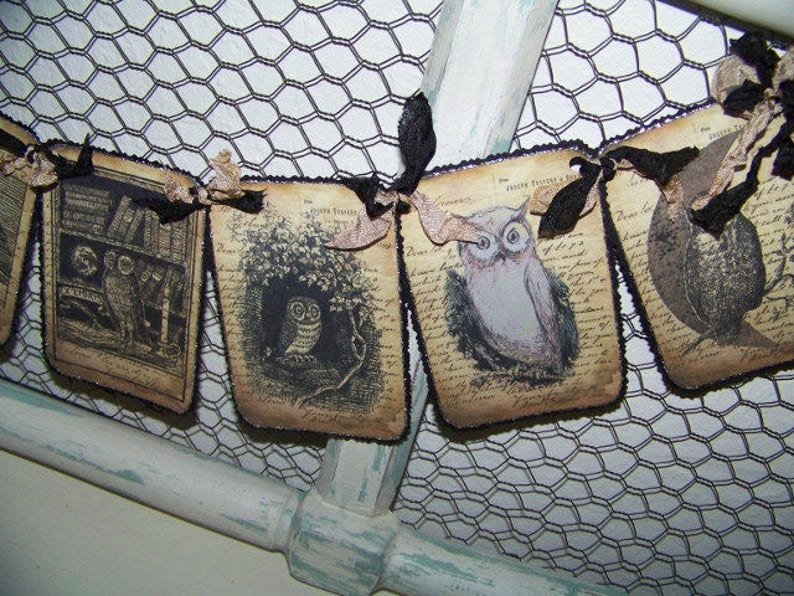 May include: A banner featuring vintage-style owl illustrations on aged paper. Each banner piece is adorned with black ribbon and a decorative edge. The owl images vary, showcasing different poses and settings, creating a rustic, whimsical aesthetic.