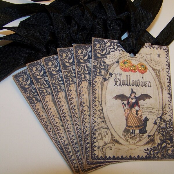 Halloween Tags Witch and Black Cat Tags Vintage Style Set of 6 or 9
