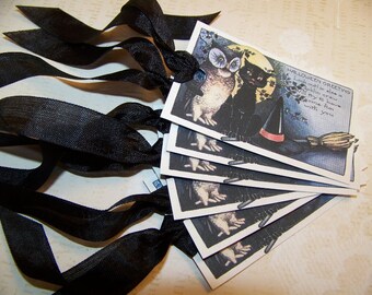Halloween Tags Owl Black Cat Witch Hat Tags Vintage Style Set of 6 or 9