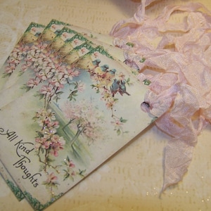 All Occasion Tags - Bird Tags - Pink Flower Tags - Vintage Shabby Cottage Chic - Set of 6 or 9