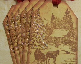 Christmas Tags Vintage Style Horse and Sleigh Sepia Tones - Set of 8