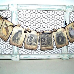 May include: A decorative banner featuring vintage-style owl illustrations on aged paper tags. The tags are strung together with black ribbon and are set against a chicken wire backdrop. The banner is attached to a distressed, light blue and white painted wooden frame.