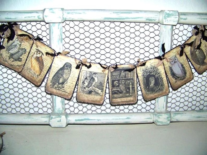 May include: A decorative banner featuring vintage-style owl illustrations on aged paper tags. The tags are strung together with black ribbon and are set against a chicken wire backdrop. The banner is attached to a distressed, light blue and white painted wooden frame.