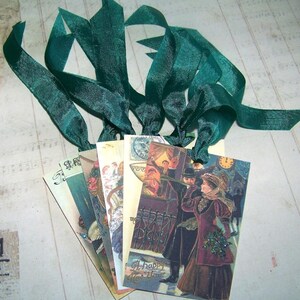 May include: Set of six vintage-style gift tags with a green ribbon. The tags feature images of people celebrating the holidays and the text "A Happy New Year".