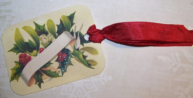 Christmas Place Card Tags Christmas Holly Placecards Vintage Style Set of 6 or 9 image 1