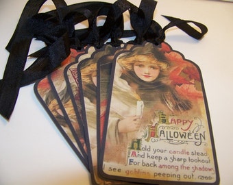 Halloween Tags Witch Tags Owl & Raven Vintage Style Tags  - Set of 6