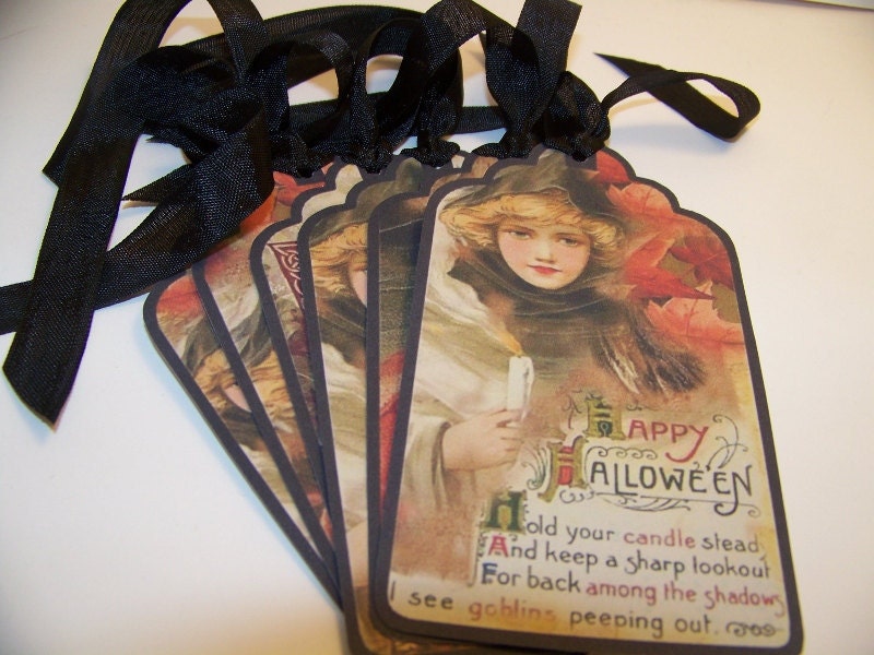 Halloween Tags Witch Tags Owl & Raven Vintage Style Tags  - Set of 6