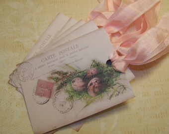 Easter Egg Tags Pink Birds Egg Tags Handmade Shabby French Vintage Post Card Collage Tags Set of 6 or 9