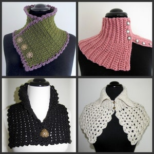May include: Four crocheted collars in different colors and styles. The collars are displayed on mannequins. The collars are all made with a single crochet stitch and have a variety of embellishments, including buttons and beads.
