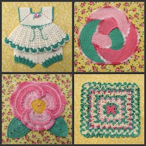 May include: Four crocheted items in pink, green, and white. A baby dress, a round doily, a flower-shaped doily, and a square doily.