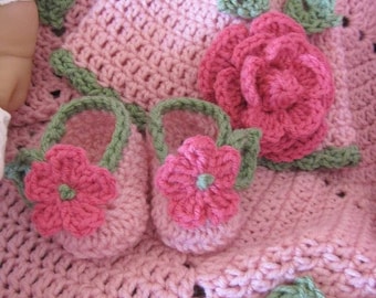 PDF Crochet Pattern- Ring Around the Rosie  Baby Blanket, Hat and Slippers
