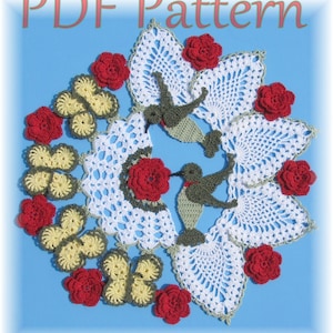 PDF Crochet Pattern Hummingbirds and Roses Pineapple Doily image 1