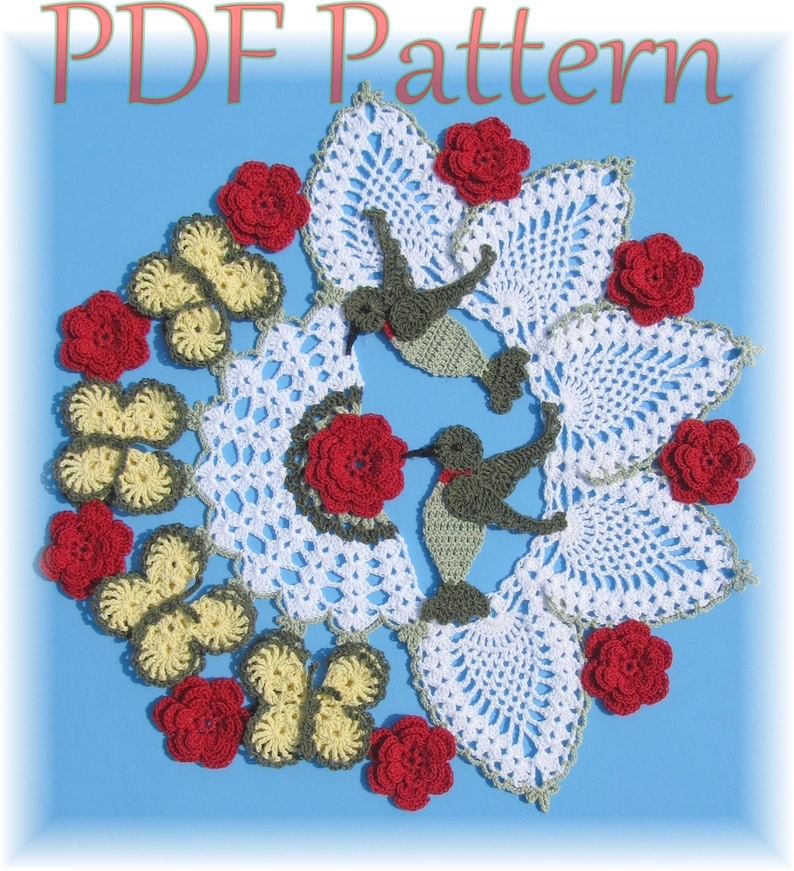 PDF Crochet Pattern Hummingbirds and Roses Pineapple Doily image 1