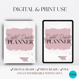 May include: A digital planner template with a pink watercolor background and the text "Digital Product Planner" in black. The template is designed for use with Canva and includes a paper airplane graphic.