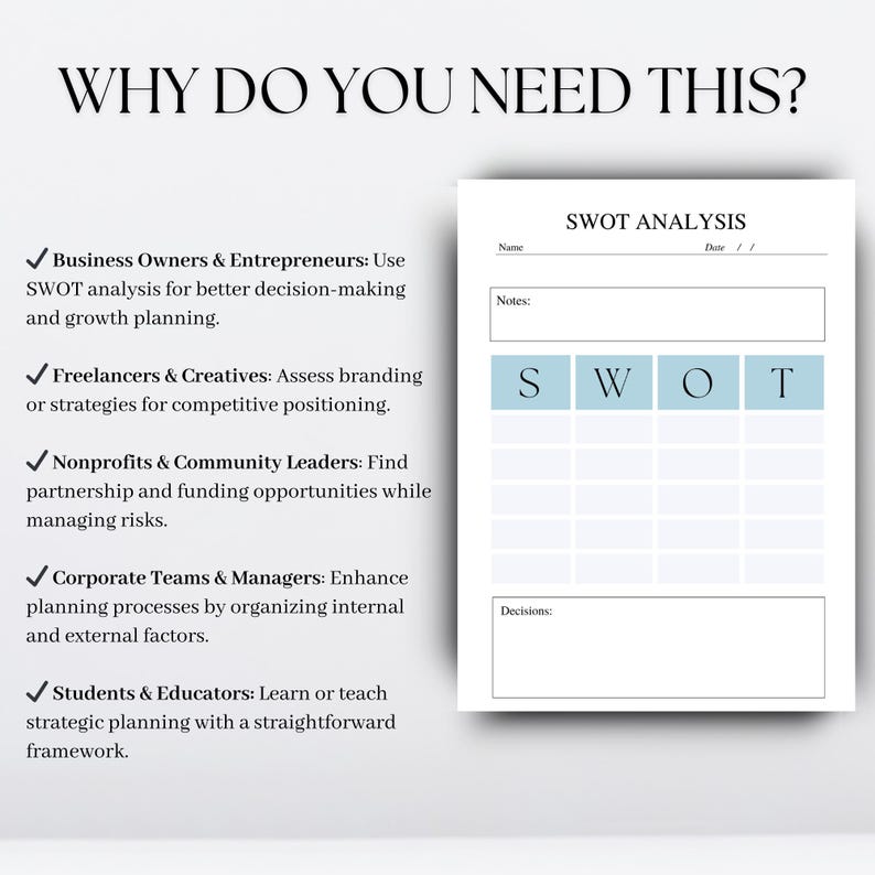 Printable SWOT Analysis Tool | A4 | US Letter | Digital PDF for ...