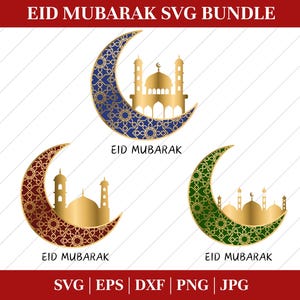 Może przedstawiać: Trzy złote wzory półksiężyca z misternymi wzorami i sylwetką meczetu wewnątrz każdego półksiężyca. Półksiężyce są w kolorze czerwonym, niebieskim i zielonym. Tekst "EID MUBARAK" znajduje się pod każdym półksiężycem.