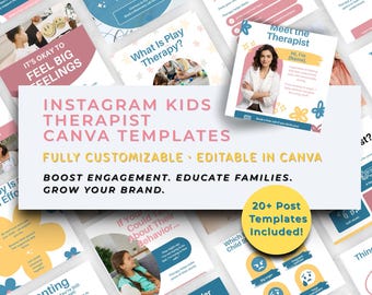 May include: A collection of Instagram Canva templates for kids therapists. The templates are fully customizable and editable. The design includes pink, blue, and yellow accents, with text such as "It's Okay to Feel Big Feelings" and "Meet the Therapist."