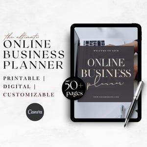 May include: A black tablet computer with a white screen displaying a digital planner for online businesses. The screen shows the text "Welcome to your Online Business Planner" and "50+ pages". A black pen is lying on the tablet.