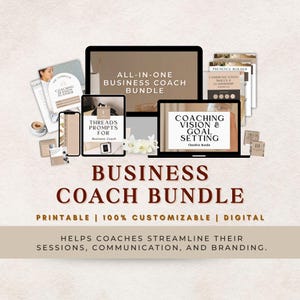 Może przedstawiać: Zestaw dla coachów biznesowych typu wszystko w jednym z tekstem "ALL-IN-ONE BUSINESS COACH BUNDLE". Zestaw zawiera laptop, tablet i telefon z tekstem "COACHING VISION & GOAL SETTING" i "THREADS PROMPTS FOR Business Coach".