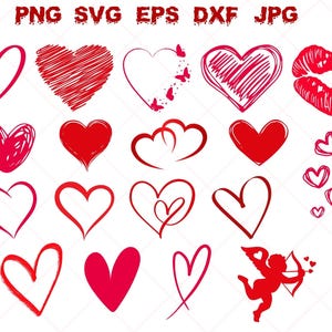 May include: A collection of 20 red heart illustrations in various styles, including simple outlines, filled hearts, and hearts with intricate details. Some hearts have a scribbled texture, while others are smooth. There are also two hearts with a double outline and a cupid with an arrow.