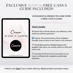 May include: A digital guide for Canva Basics, featuring a pink and white background with the text "Canva Basics Guide" and a logo of the Canva app. The guide includes quick tips and tricks, step-by-step instructions, visual illustrations, and an overview of essential tools.