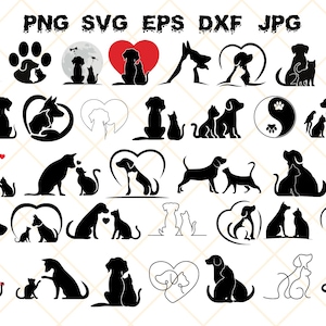 Chien et chat silhouette SVG, chien chat contour png, clipart chien et chat, animal de compagnie png, chien chat amour amis svg, chien chat cricut silhouette coupe fichier