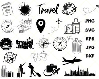 Puede incluir: Conjunto de clipart de temática de viajes en blanco y negro con imágenes de maletas, aviones, mapas, una brújula, un pasaporte y las palabras "Viajar" y "Viajar más".