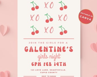 Galentines Invitation, Editable Valentine's Party Text Invitation Template, Galentines day invite, Cherry printable, girls brunch invitation