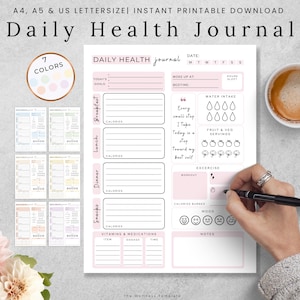 Tägliches Gesundheits Journal Printable, Tägliches Essen Journal, Medikamente & Vitamine Tracker, Fitness Tracker, Kalorie Tracker, PDF Digitaler Download