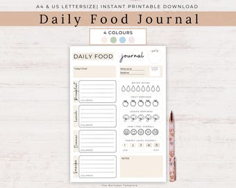 Daily food journal Printable, Meal task tracker, fitness tracker, Food diary, Calorie Tracker, Digital Instant Download - A4, Letter Size