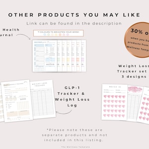 If you like the G:P1 tracker Printable you may also like our daily health journal, Weight Loss Tracker set or GLP-1 Tracker and Weight loss log. Links in the description.