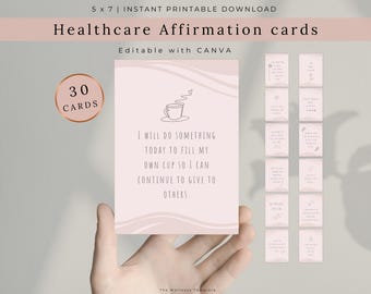 Affirmation Cards for Healthcare Professionals. Printable cards for Nurse study and motivation. Self Care, Mental Health template Canva.