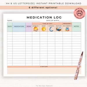 Medication Tracker Printable, Prescription health tracker, pill organizer, symptom tracker, supplements, chronic illness, Medication log pdf