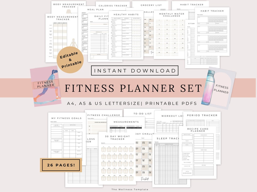 Health and Fitness Planner PRINTABLE BUNDLE, Digital Fitness Journal ...