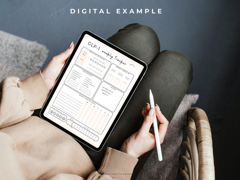 A 1-page GLP1 weight loss injection tracker  for tracking weekly injections, weight, goals, and side effects. Perfect for semaglutide and tirzepatide users. Use of your tablet & Stay motivated with this weight loss tracker for achieving health goals!