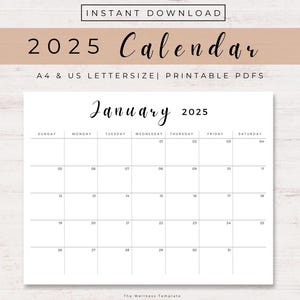 May include: A printable calendar for January 2025. The calendar is in a simple, minimalist style with black text on a white background. The days of the week are listed across the top, and the numbers for each day are listed in the grid below. The calendar is labeled "January 2025" at the top.