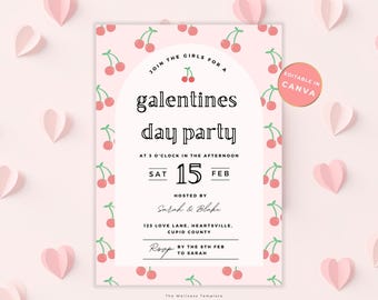 Galentines Invitation, Editable Valentine's Party Text Invitation Template, Galentines day invite, Cherry printable, girls brunch invitation